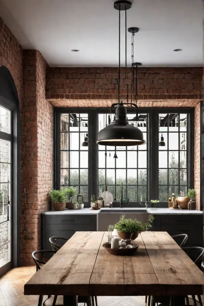 Rustic kitchen with wooden dining table and undercabinet lighting