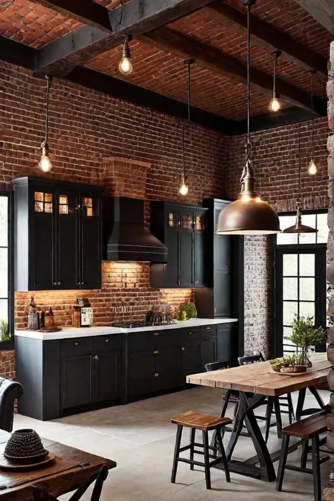 Traditional kitchen with exposed brick and pendant lights