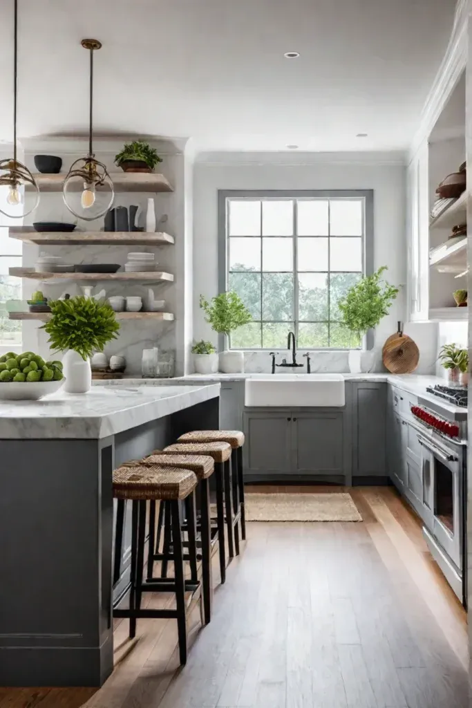 minimalist farmhouse kitchen with greenery and natural light