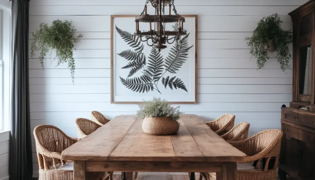 modern farmhouse dining room with a white shiplap wallpaper accent wall