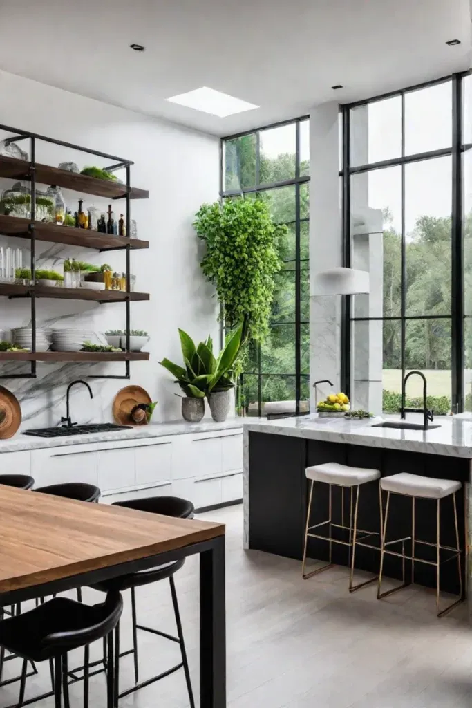 modern farmhouse kitchen with marble countertop and open shelving