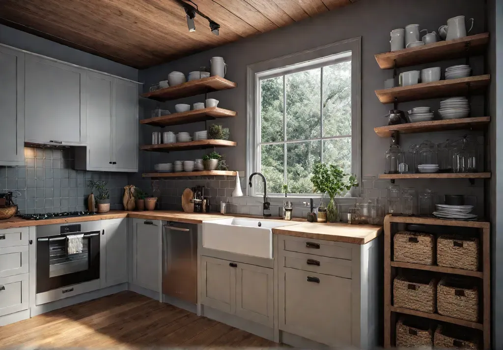 A charming tiny cottage kitchen filled with natural light featuring open shelvingfeat