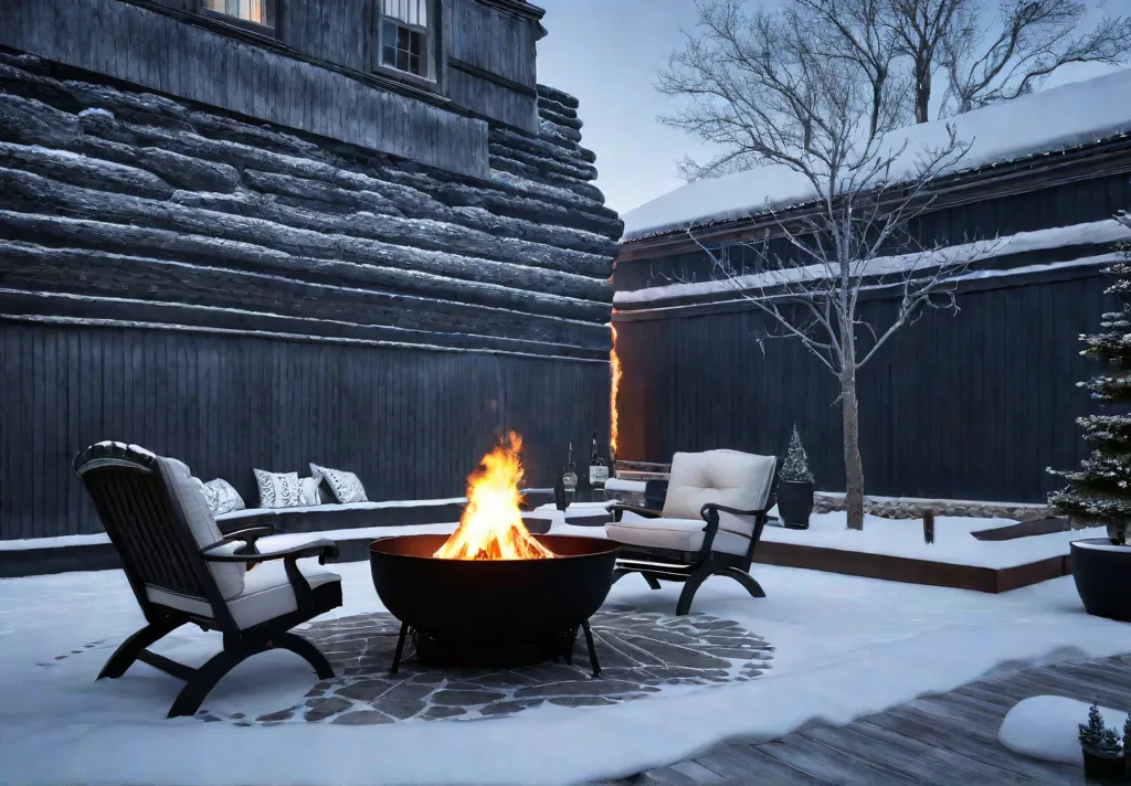 A crackling fire pit illuminating a table setting with cast iron cookwarefeat