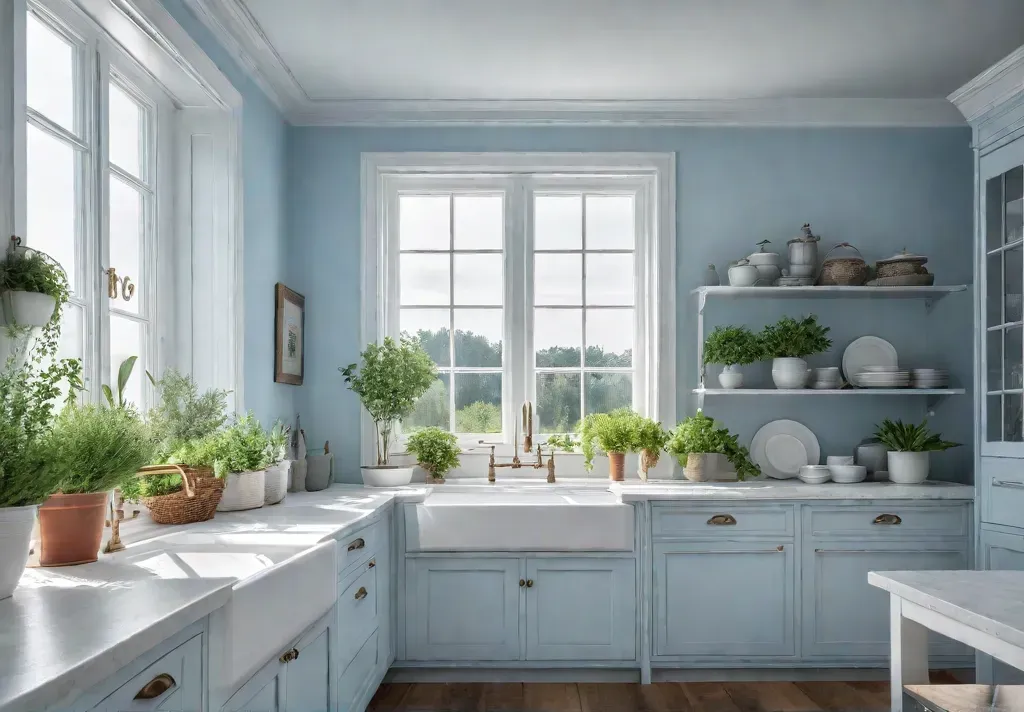 A light and airy cottage kitchen bathed in natural sunlight streaming throughfeat