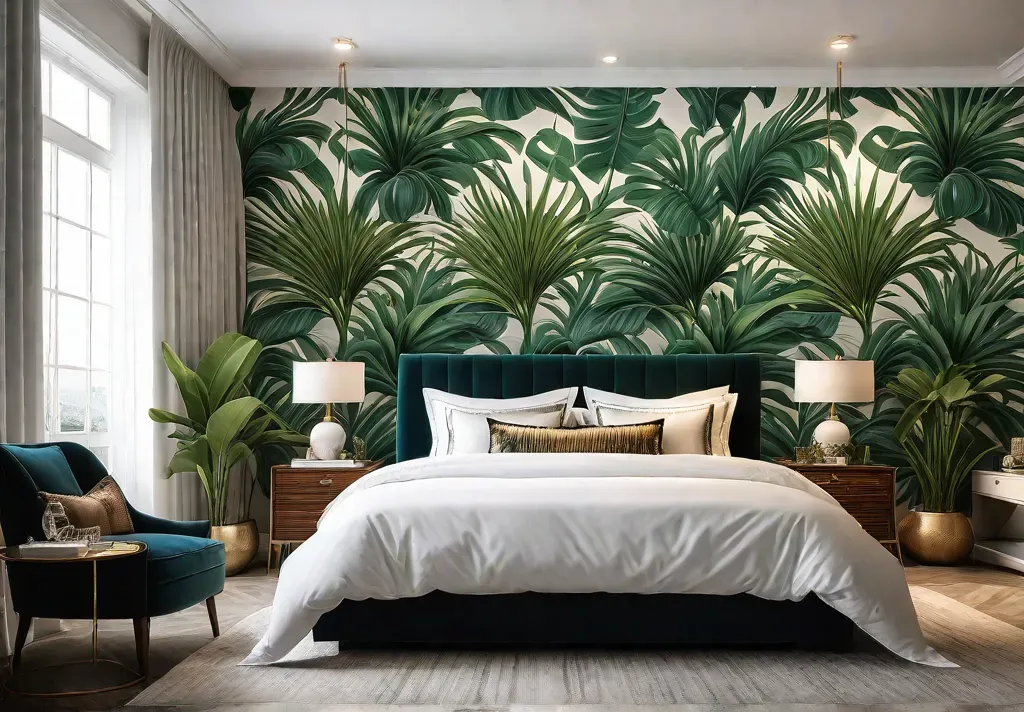 A sundrenched bedroom with boho chic decor featuring an accent wall adornedfeat