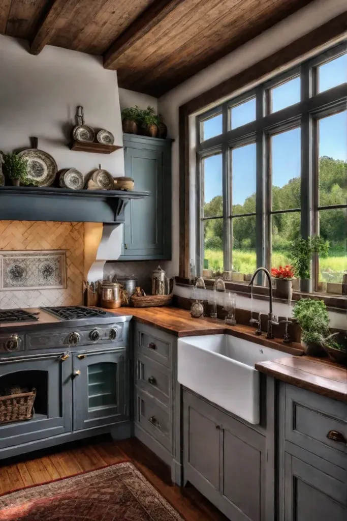 Cottage kitchen with fireplace