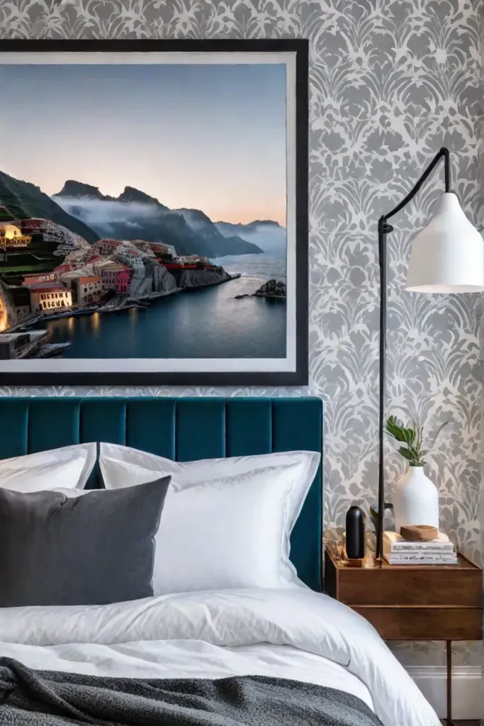 Cozy bedroom with delicate wallpaper pattern