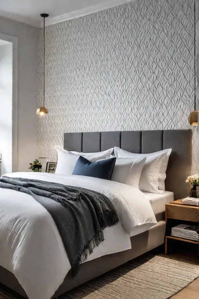 Modern bedroom with neutral wallpaper
