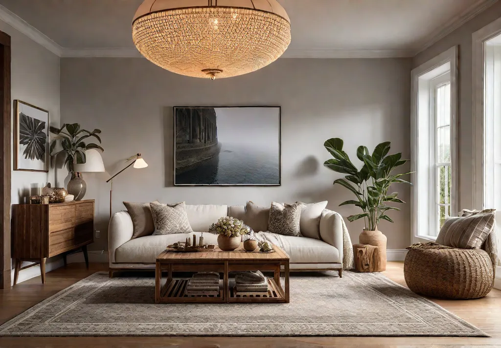 A cozy living room with a neutral color palette featuring layered rugsfeat