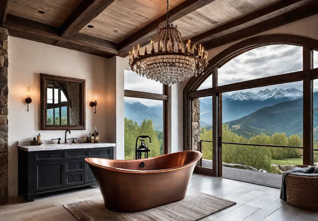 A luxurious rustic bathroom with a large stone fireplace a freestanding copperfeat