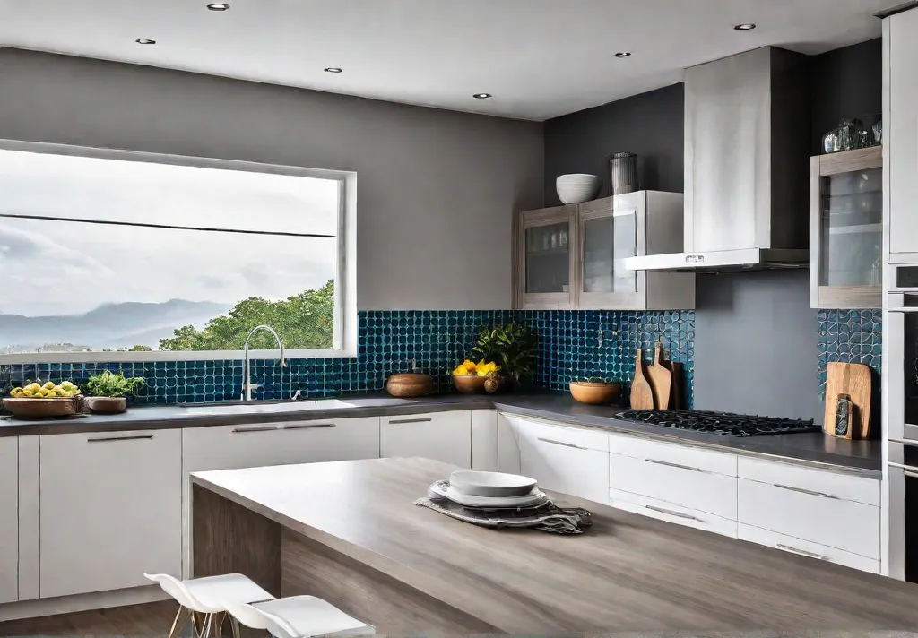 A modern kitchen filled with natural light featuring a bold geometric backsplashfeat