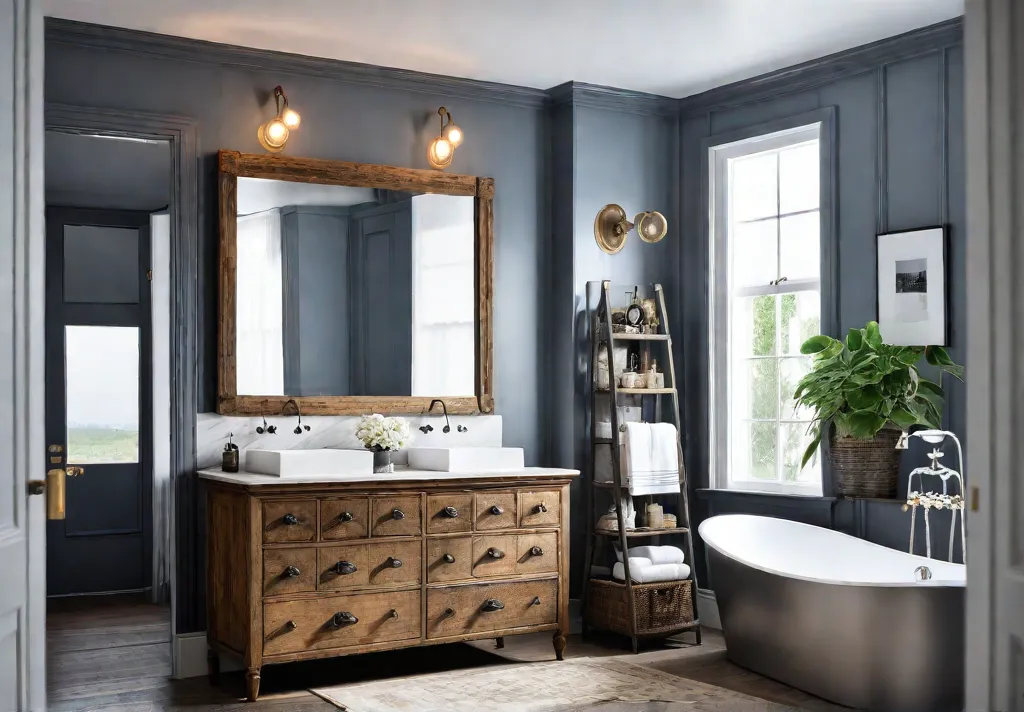 A rustic bathroom with a repurposed antique dresser as a vanity Thefeat