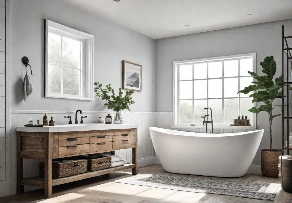 A small rustic bathroom with a light and airy color palette featuringfeat