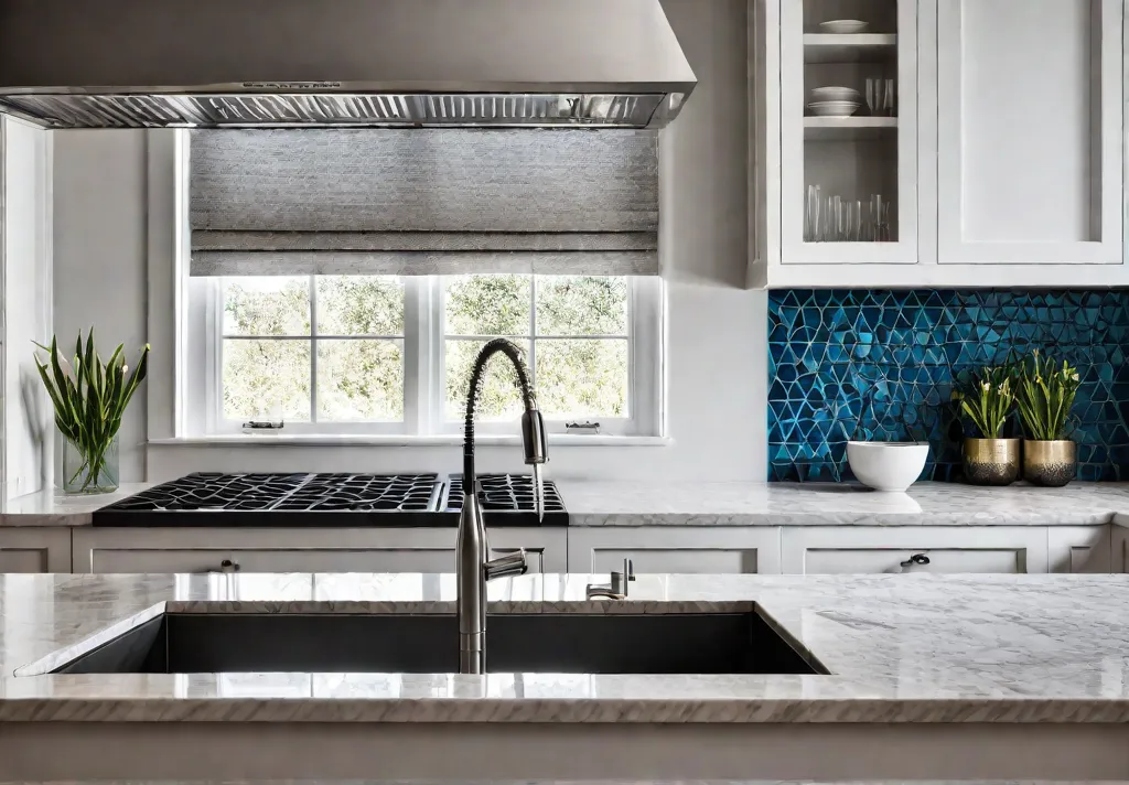 A sundrenched kitchen with gleaming countertops and a newly installed intricate mosaicfeat