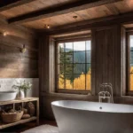 A sundrenched rustic bathroom with exposed wooden beams a freestanding bathtub andfeat