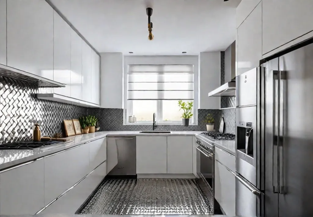 A sundrenched small kitchen with a reflective metallic tile backsplash that bouncesfeat