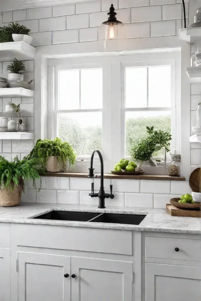 Bright and airy small kitchen with white cabinets and open shelves