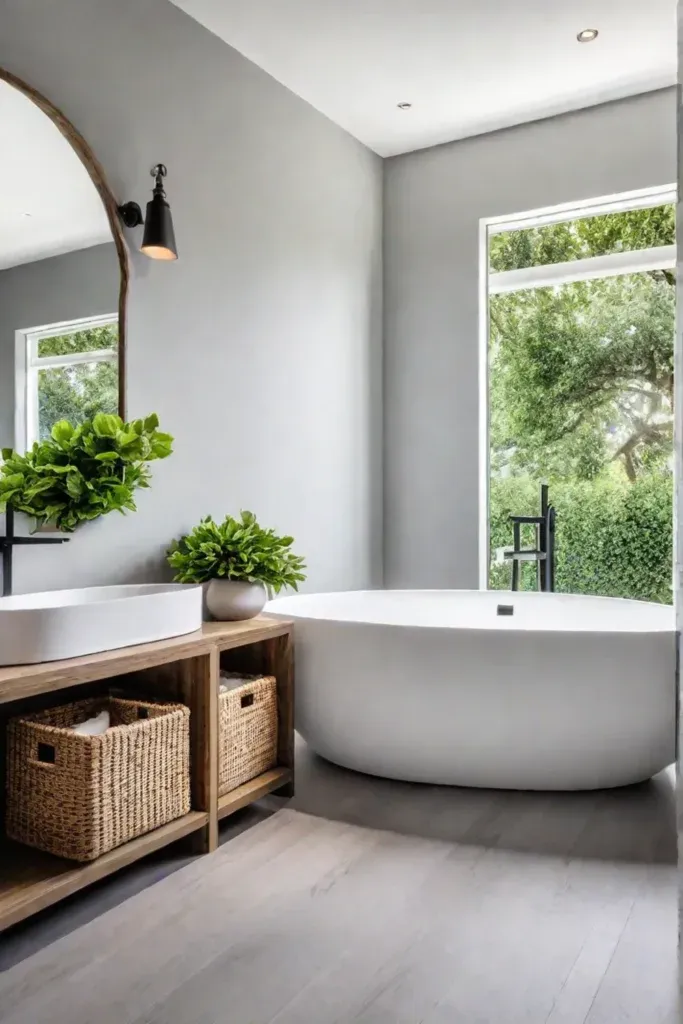 Bright and airy space wooden stool large mirror