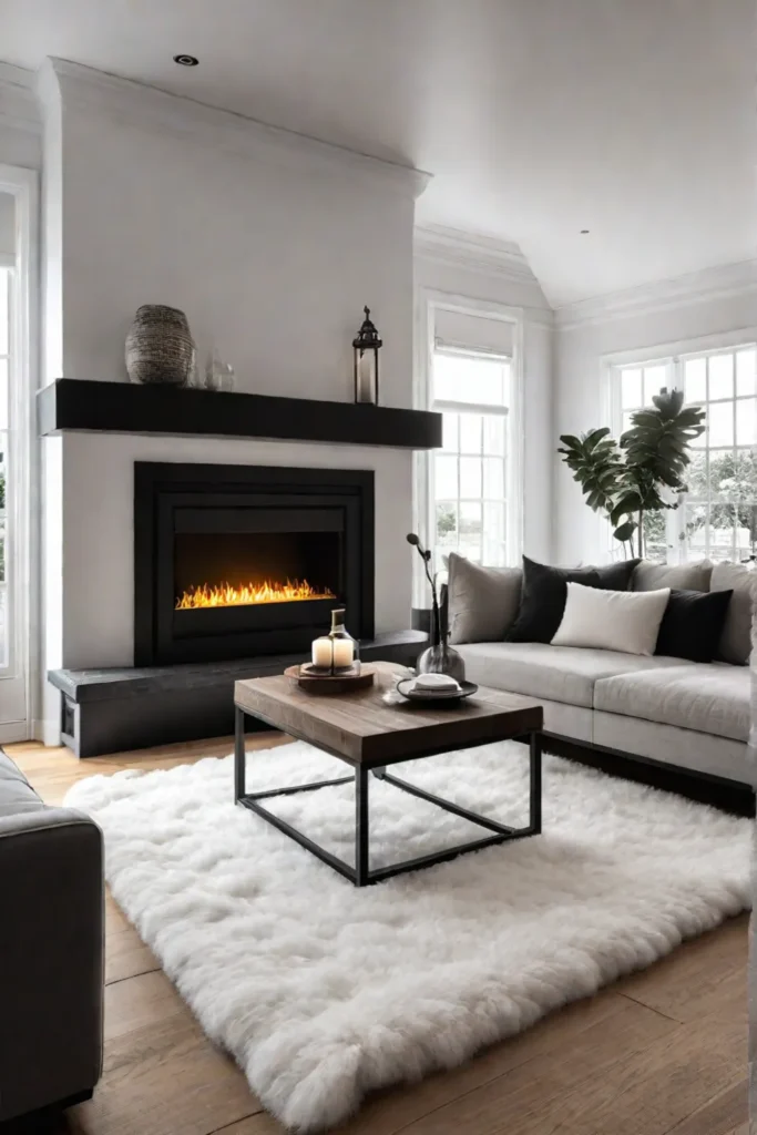 Cozy living room with fireplace and warm textures