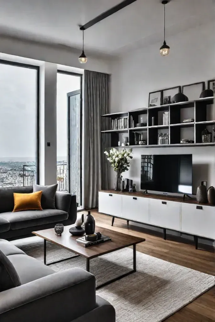 Efficiently organized small living room with a minimalist approach