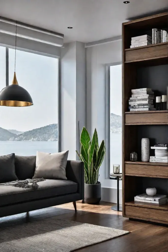 Living room with clever storage solutions for a minimalist aesthetic