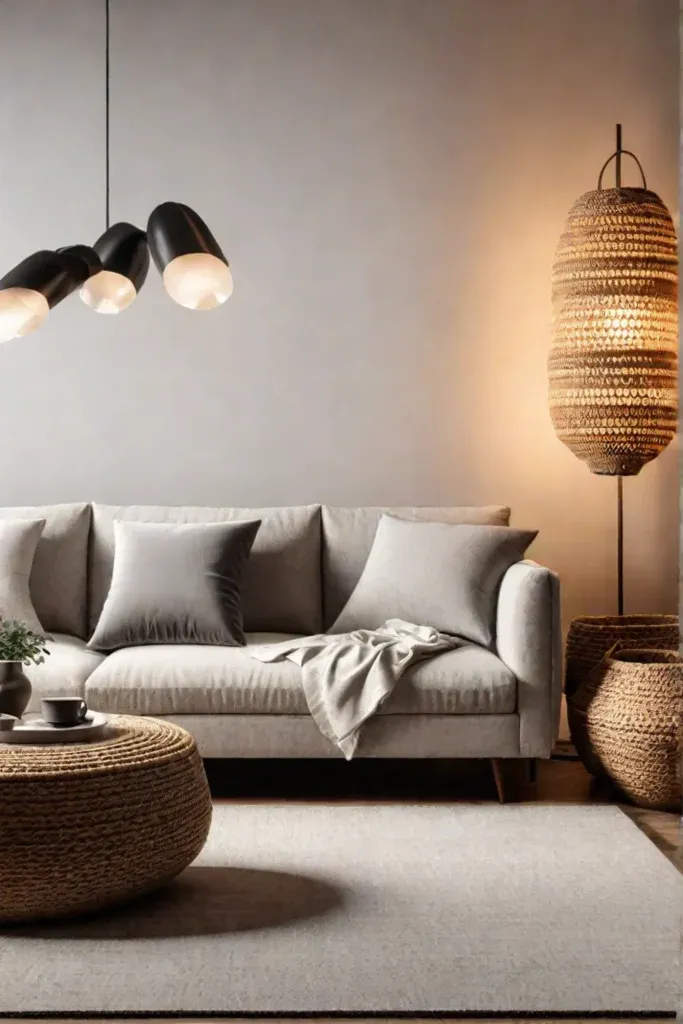 Living room with layered lighting and textures