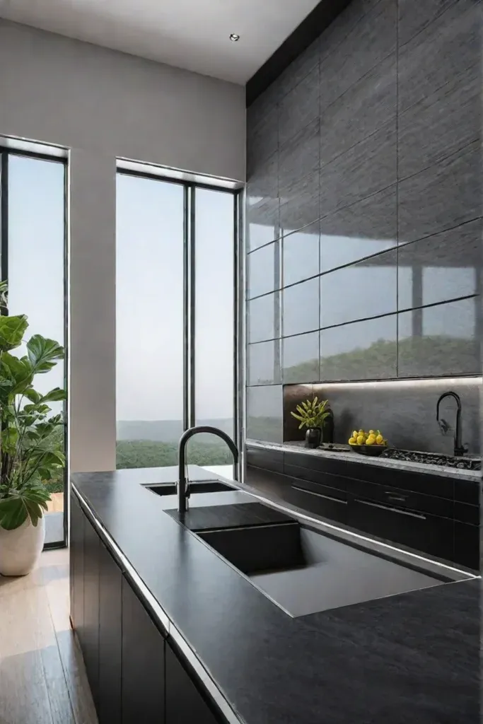 Lowmaintenance kitchen with ceramic tile backsplash