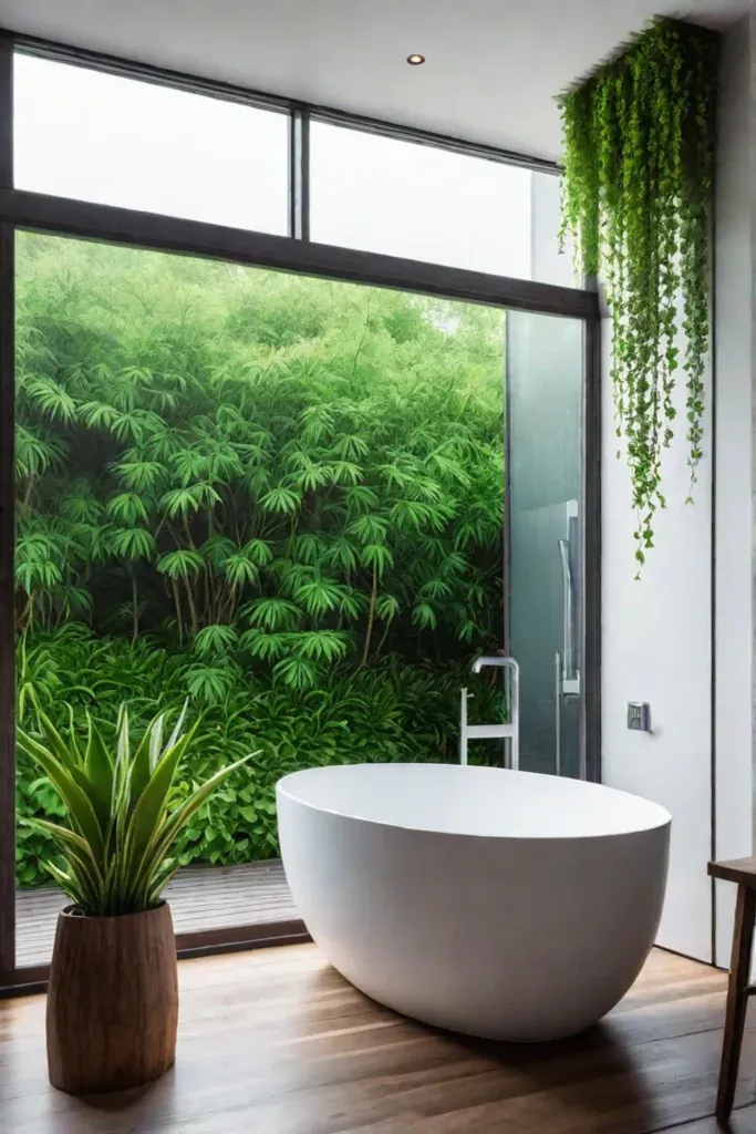 Lush garden freestanding soaking tub potted plants