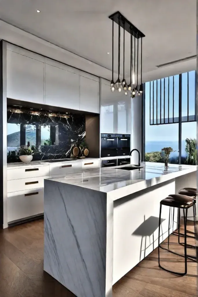 Luxurious kitchen with mirrored backsplash