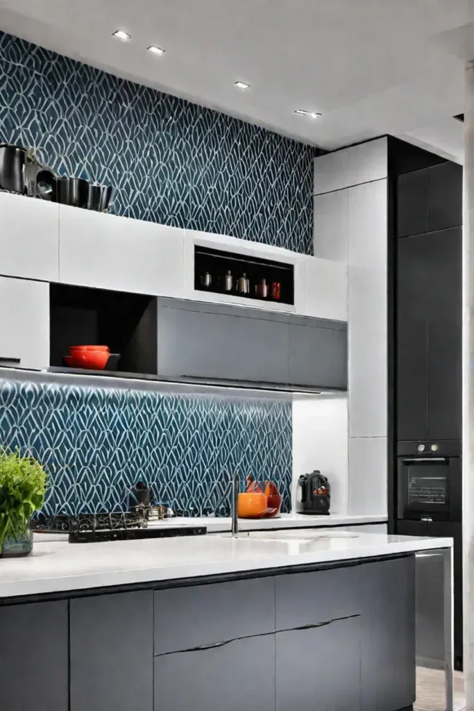Minimalist kitchen patterned wallpaper cabinet backs