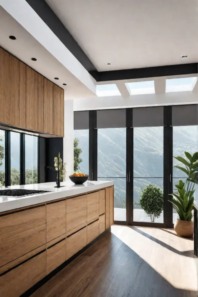 Minimalist kitchen with Shaker cabinets and white countertops