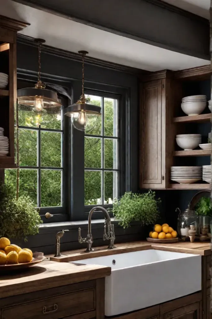 Open shelving kitchen window warm and inviting