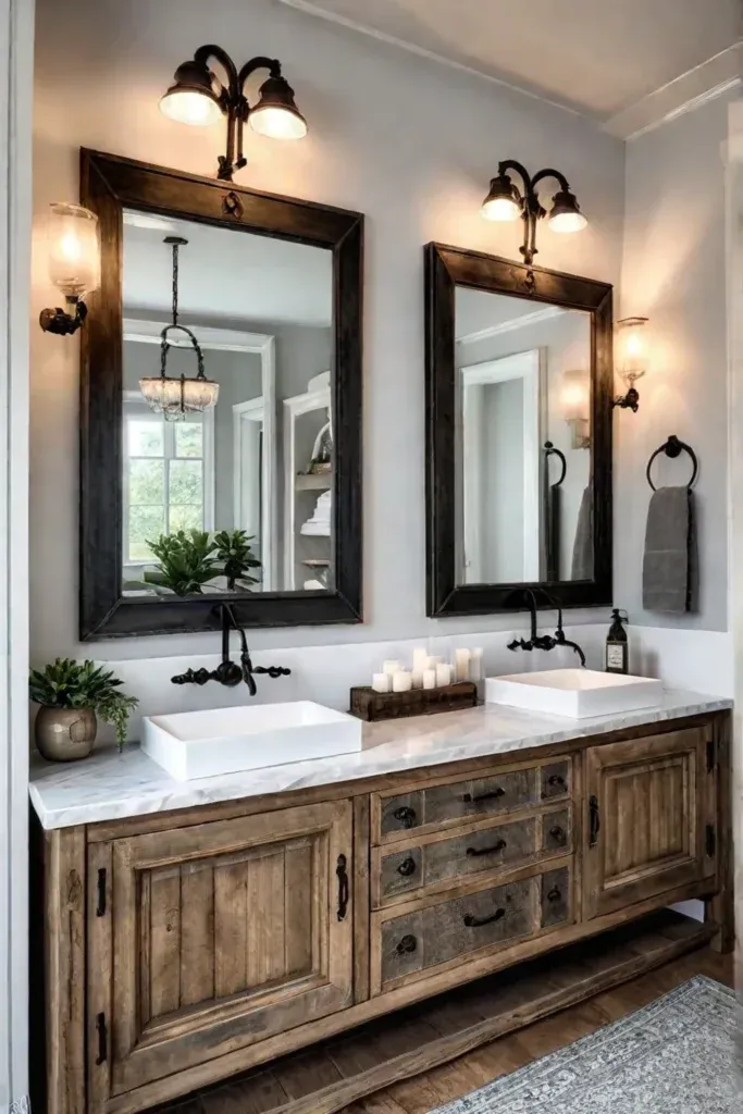 Rustic bathroom double vanity antique sconces