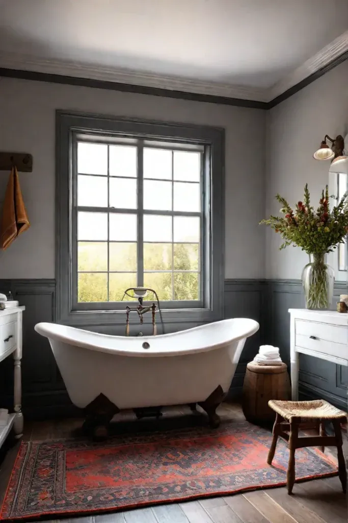 Rustic bathroom with vintage rug