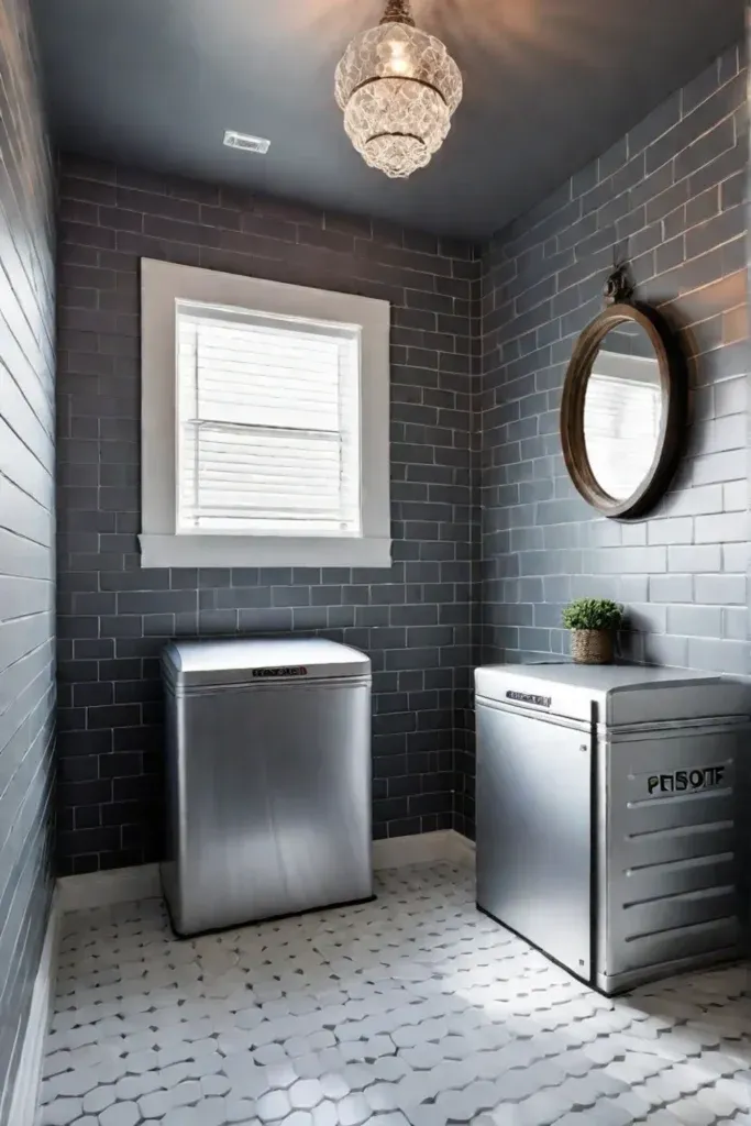 Vintageinspired pendant light gray walls rectangular tiles