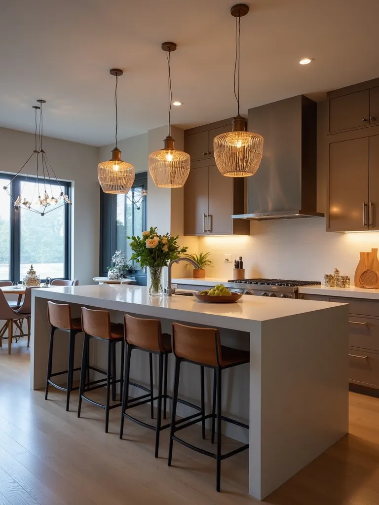 Contemporary kitchen island with statement pendant lighting fixtures above.