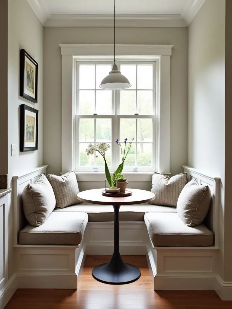 Cozy contemporary kitchen breakfast nook with built-in seating and natural light.