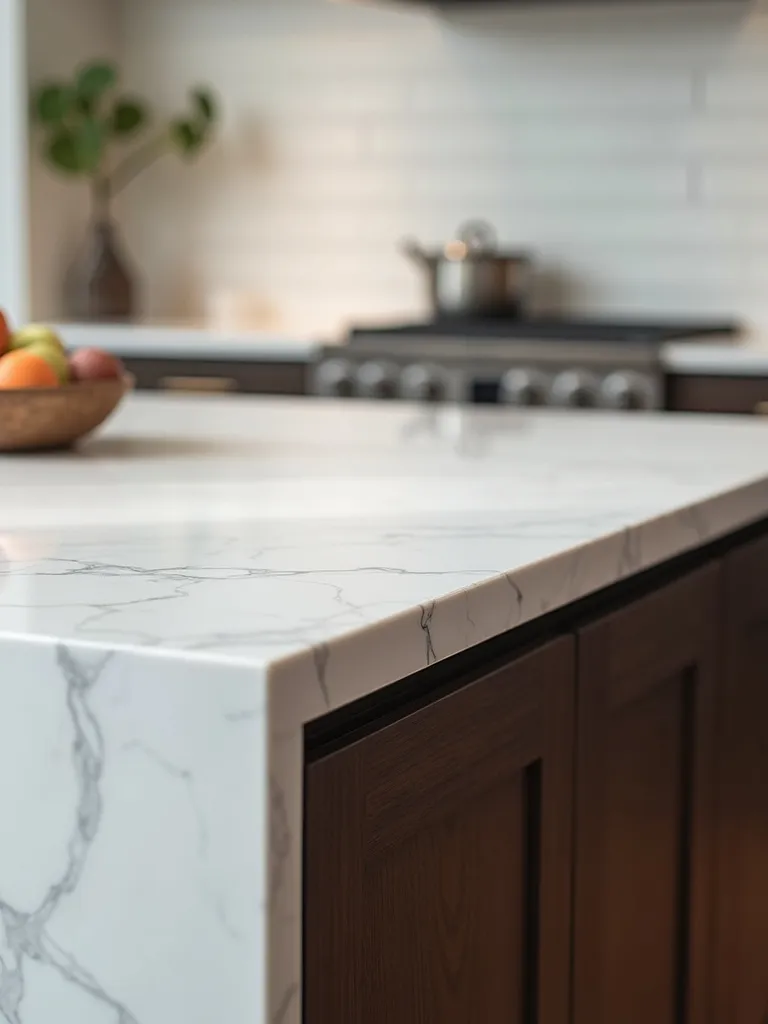 Contemporary kitchen island with a modern white quartz waterfall countertop.