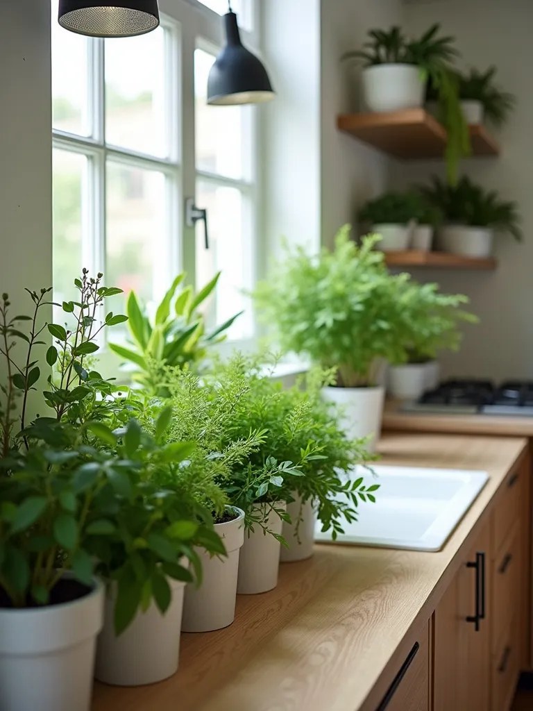 Contemporary kitchen with indoor herb garden and potted plants adding greenery to the space.