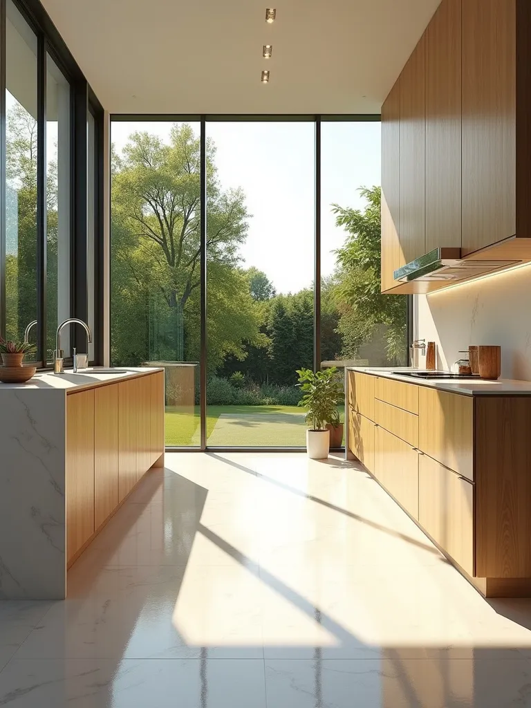 Contemporary kitchen bathed in natural light from large floor-to-ceiling windows.