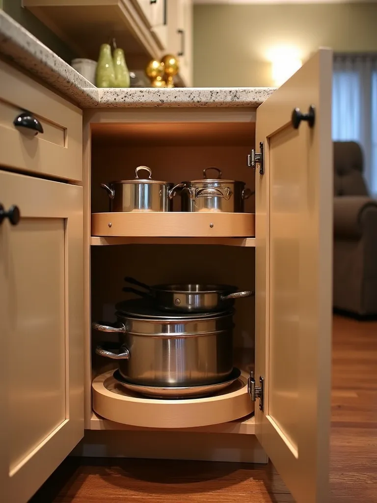 Contemporary kitchen corner cabinet with a two-tier Lazy Susan organizer for efficient storage.