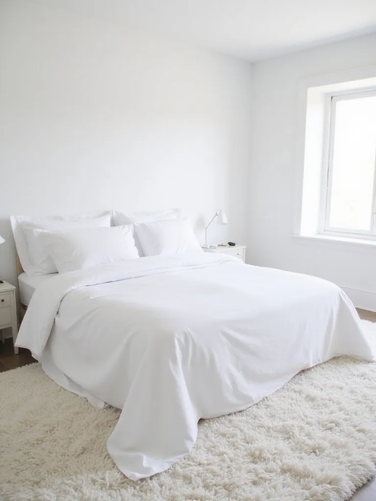White bedroom with large white shag rug under king-sized bed.