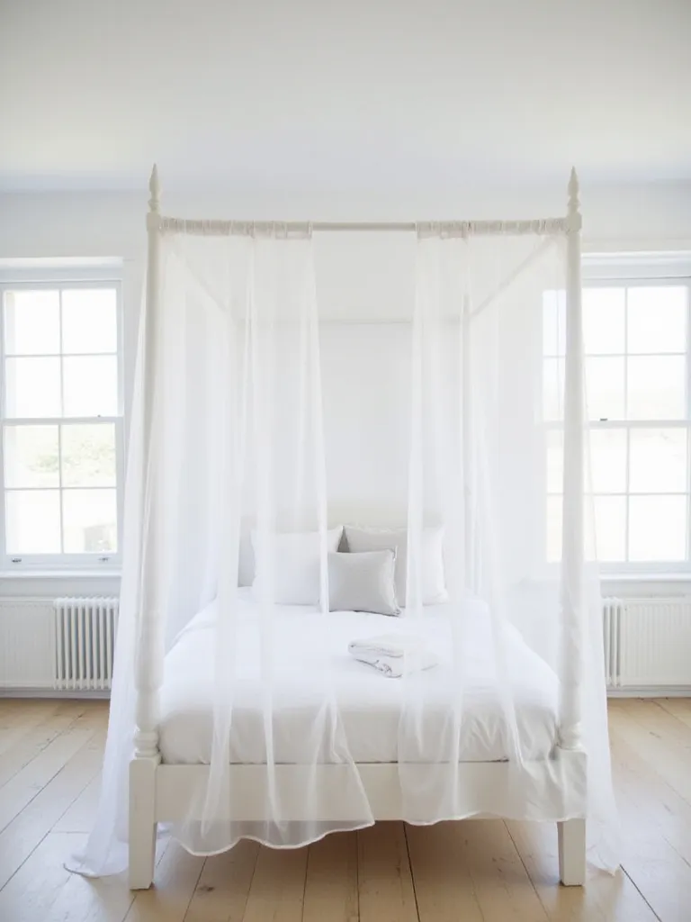White bedroom with a dreamy white canopy bed as the focal point