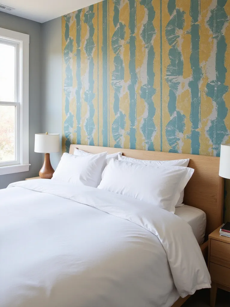 Bedroom accent wall with geometric wallpaper in teal, mustard yellow, and gray.
