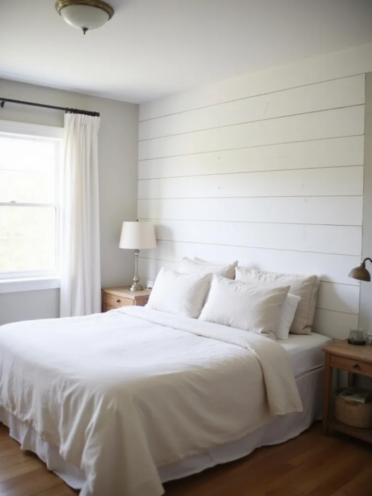 Rustic bedroom with white shiplap accent wall.