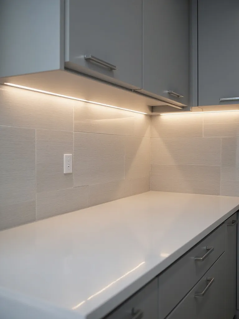 Kitchen backsplash with integrated LED lighting under cabinets
