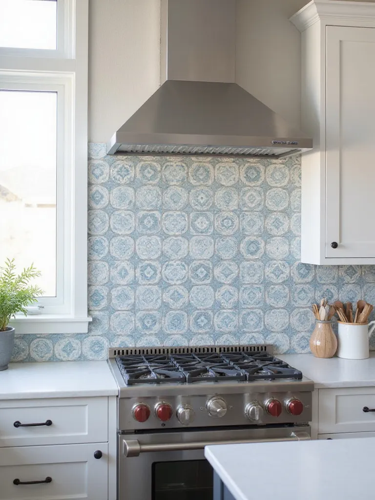 Kitchen backsplash featuring patterned cement tiles in a modern kitchen.