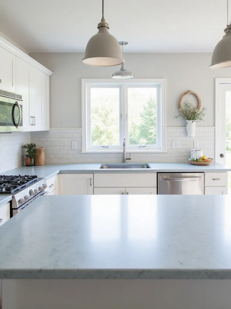 White kitchen cabinets with light blue-gray quartz countertops