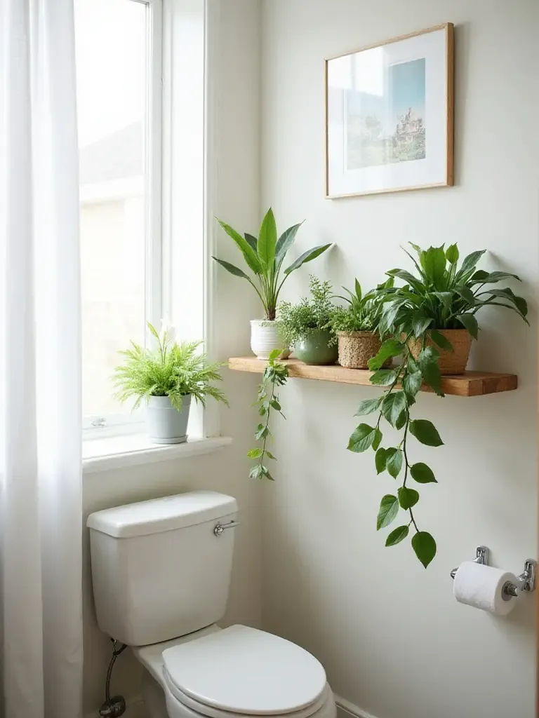 Budget-friendly bathroom plants on a wooden shelf, adding a touch of nature and freshness.