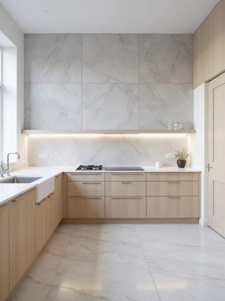 Modern kitchen with a floor-to-ceiling light gray marble tile backsplash.